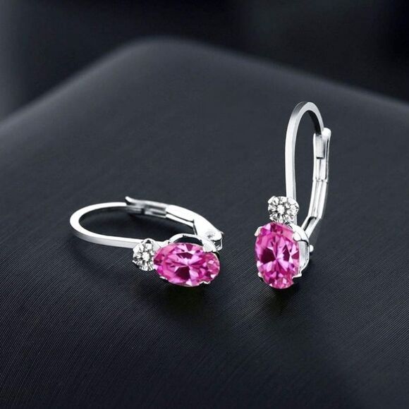 18K White Gold with 1.07 Cttw Pink Sapphire and Diamond Leverback Drop Earrings - Picture 2 of 5